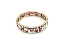 Princess Cut Ruby & Clear Stone Full Eternity 9ct Gold Vintage Ring - Size P 1/2