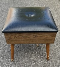 Vintage Retro Black & Red Aged Storage Ottoman Footstool with Wooden Legs #OTR54