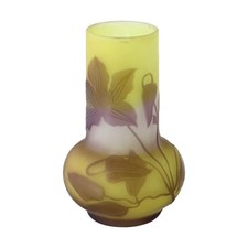Art Nouveau GALLE Cameo Glass CLEMATIS 15cm Vase Yellow & Amethyst 1905-08