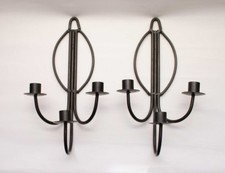 Pair Black Wrought Iron Wall Sconce 3 Arm Candle Holders Metal Candlesticks