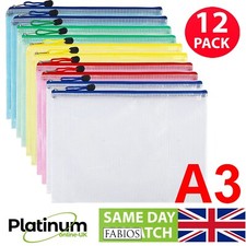 12X A3 PLASTIC WALLET POCKET STORAGE FILE BAGS PAPER DOCUMENT ZIP MESH FOLDER UK