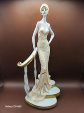 Art Deco Lady Figurine Elegant Woman on Stairs Cream Gold Gown Resin Statue Home