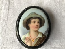 Victorian Hand Painted Miniature Whitby Jet Mounted Boy with Hat & Arrow