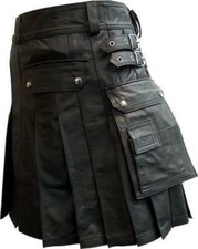 Mens Real Cow Leather Scottish Kilt Pleated Roman Cargo Pocket LARP LGBTQ
