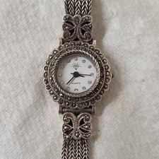 Vintage Art Deco Style 925 Silver Marcasite Watch Japanese Quartz Movement 7.5"