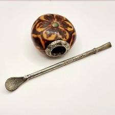 Antique Silver and Gold Yerba Bombilla Mate Straw with Cookie Mate Gourd Cup