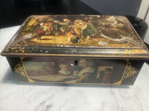 Antique biscuit tin with key - antique,