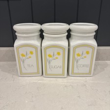 White Milk? Glass Candlelight Jar Canister Tea Coffee Sugar Set Yellow Floral