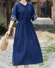 Womens Summer V-Neck Half Sleeve Dress - Loose Fit Embroidered Floral Waist