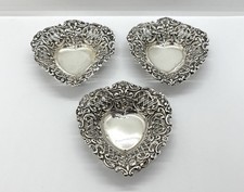 Set of Antique three Solid Sterling Silver Heart Shaped Embossed Bon Bon Dishes