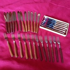 JOB LOT OF RETRO 1960s WOODEN HANDLE CUTLERY