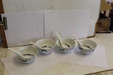 4 x Vintage Soup Bowls And Spoons Set Made In Taiwan 0517 4.5" dia x 2" high