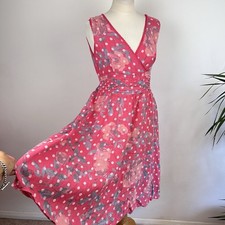 Made in Italy Linen Dress UK S Pink Polka Dot Fit Flare Floral V-Neck Sleeveless