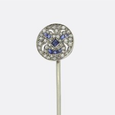 Edwardian Sapphire and Diamond Smiley Face Jabot Pin - Platinum