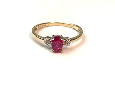 Synthetic Ruby and Diamond Ring 9ct Gold Ruby and Diamond Trilogy Ring - Size P