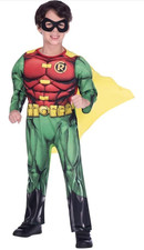 Batmans Robin Costume Boys 8-10 Years Kids Fancy Dress Muscle Jumpsuit Mask Cape