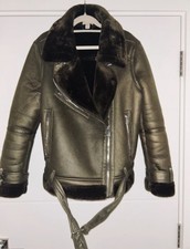 Topshop Khaki Sherling Aviator Jacket Sz12 Faux Fur Collar Lined VGC
