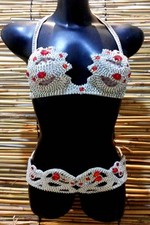 Egyptian Belly Dance Costume bra & Belt Professional  Dancing White Red Silver