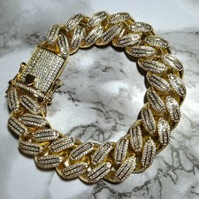 Mens Heavy 18mm Cuban Bracelet 8" Curb Link Simulated Diamonds 18k Gold layered