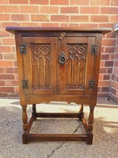 Vintage Oak Pedestal Cabinet Cupboard – Carved Bedside Side Table Rustic Country