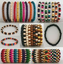 Mens Wooden Bead Tribal / Surfer Elastic Stacker Bracelet - 50 Colours - NEW