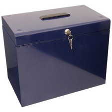 A4 Filing Box Blue Metal Home Office Storage Lockable with 10 Suspension Files