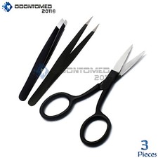 ODM 3 Tweezers Eyebrow Scissors Set Eyelash Clip Nose Face Ingrown Hair Removal
