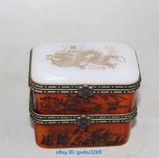 Vintage Chinese Jade Hand-carved Dragon Flower bird Jewelry Box 20448