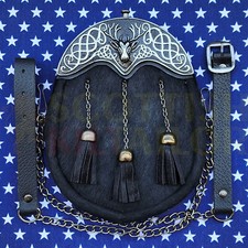 Scottish Handmade Stag Head Cantle Black Calfskin Full Dress Kilt Sporran