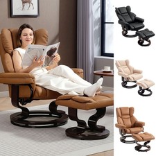 Padded PU Leather Manual Reclining Armchair, 360° Swivel Sofa Chair w/ Footstool