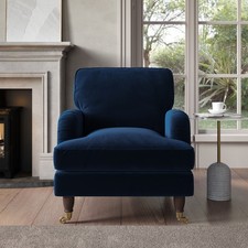 Blue Velvet Armchair with Saddle Arms Wood Legs Foam Filled Traditional Style