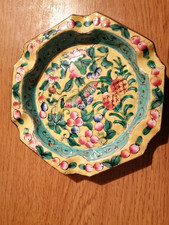 Antique Chinese Hand painted Canton Yellow Enamel Pin Dish/Tray 10.3cm X 7.9cm