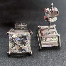 6mm Princess Cut Certified Moissanite Women's Stud Earring 14K White Gold Plated