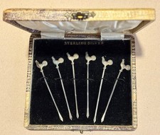 Beautiful Art Deco Sterling Silver Cockerel Cocktail Sticks x 6 in Original Box