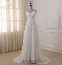 UK New white Ivory Sleeveless V Neck Chiffon A Line Beach Wedding Dress Size 12