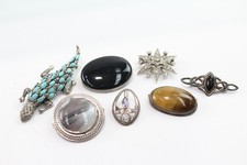 Sterling Silver Brooches Tigers Eye Turquoise Lizard Celtic Paste Marcasite x 7