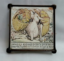 Rare Minton Hollins Aesop's Fables tile trivet set in Arts & Crafts copper frame