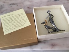 PAST TIMES ART DECO DESIGN BROOCH/FACELESS WOMAN/JEWELLED HAT/DOG ON A GOLD LEAD