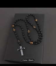 Rose mary beads Cross Necklace Rosemary Rosary beads Black stone New STUNNING