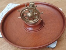 NAUTICAL THEMED BRASS SHIPS WHEEL NUTCRACKER In A WOODEN BOWL .