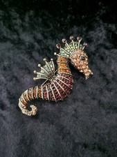 Multicolour Rhinestone Seahorse  Brooch Silver Tone Vintage Inspired 