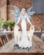 Large Ice Fairy with Two Winter Wolves Figurine Gothic Ornament New & Boxed 60cm