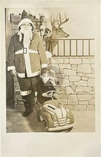 Boy w Pedal Car Santa Claus Christmas 1950s RPPC Photo Postcard COPY