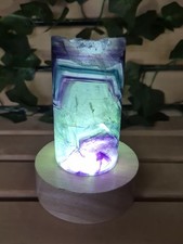 Fluorite Cylinder Lamp with Wooden Light Base – Purple, Blue & Green Banding