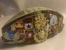 Vintage Russian Military Flat Cap Filled With Cap Badges, Pin & Cloth Badges