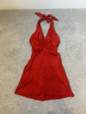 Zara Red Satin Jacquard Halter Neck Tie Mini Dress XS