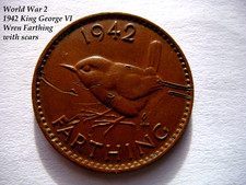 WW2 1942 King George VI WREN Farthing coin with possible war scars