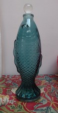 Large glass fish koi carp bottle vase ornament blue green round glass stopper