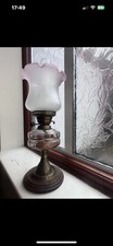 Antique Vintage Brass Dual Wick Oil Lamp Floral Engraved Glass Shade / Chimney