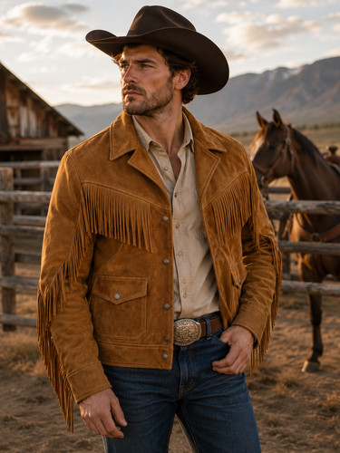 Men tan suede fringe jacket - men's,